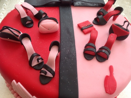 Close-up of handbag & shoe cake